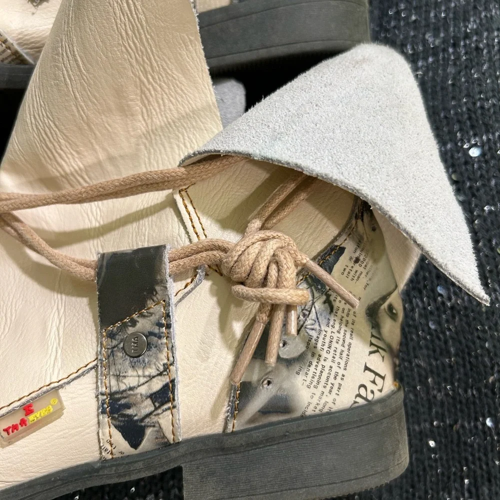 TMA Eyes Beige Newspaper-Print Leather Ankle Boots - Picture 4 of 14